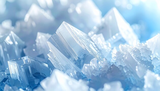Scientific-style macro image of sugar crystals under a microscope, sharp geometric structures, clean white and blue tones, ultra-detailed, educational visual.