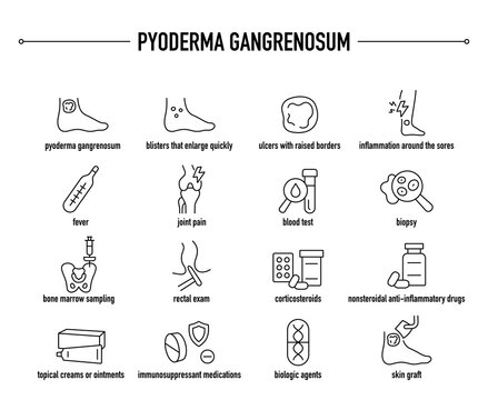 Pyoderma Gangrenosum symptoms, diagnostic and treatment vector icon set.