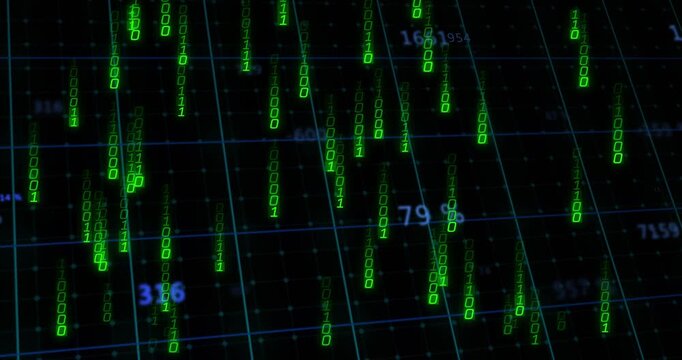 Data feed starting green binary streams cascading on teal grid as blue numbers rising showing flow