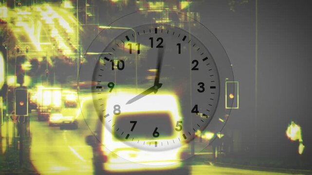 Ave view starting cars nearing camera clock overlay advancing showing time markers tagging poles