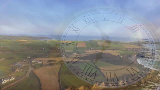 Camera starting forward gliding over coastal fields, dim clock shifting moon drifting, showing time