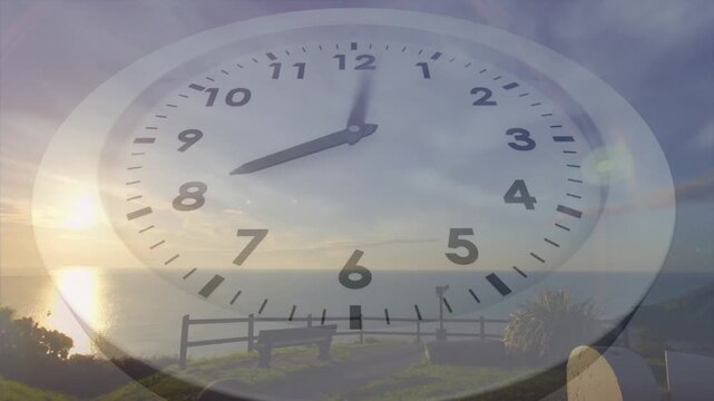 Moon fading into dawn initiating clock hands rotating over coastal bench, showing time passing