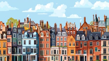 Fototapeta premium Colorful Victorian Terrace Houses in Row, Detailed Illustration of Classic Architecture and Urban Living, London England.