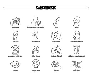 Sarcoidosis symptoms, diagnostic and treatment vector icon set