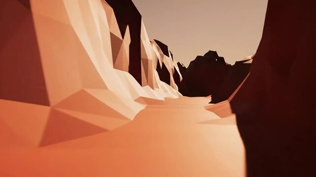 Abstract low poly landscape with sun rays illuminating a valley of geometric mountains and desert terrain a stylized scenic vista for modern design projects