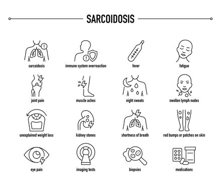 Sarcoidosis symptoms, diagnostic and treatment vector icon set