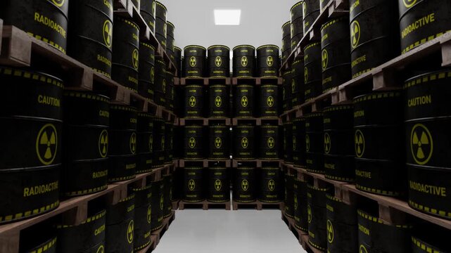 3D Render of Industrial Warehouse Storing Radioactive Waste Barrels on Pallets