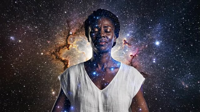Black woman in lotus position meditating while her head explodes into a cosmic nebula, symbolizing stress, burnout, information overload, and the overwhelming effects of digital chaos