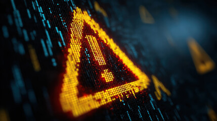 Cyber security warning sign digital screen red triangle error alert data breach hacked website online risk dark background glowing pixel cyber