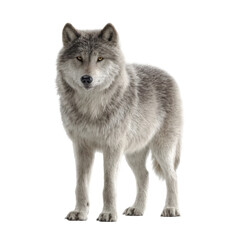 Obraz premium Majestic gray wolf standing alert isolated on transparent background, looking forward