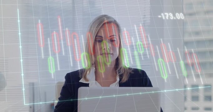 Analyst monitoring laptop, tracking gains as candlestick chart turning positive, smiling in finance
