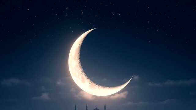 Crescent Moon in Night Sky with Clouds.