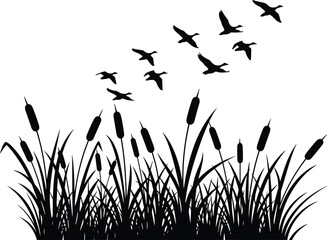 Silhouette of birds flying over reeds in a minimalist style nature
