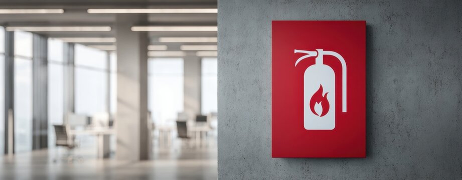 The Fire Extinguisher Sign on Concrete Wall in Modern Office Interior