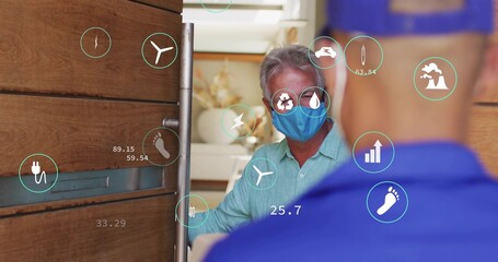 Fototapeta premium Senior in green shirt, mask gripping wooden handle talking with polo worker at entryway, HUD icons