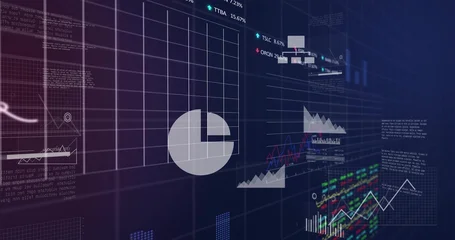 Fotobehang Buffet Displaying digital analytics dashboard on dark gradient, showing grid, pie, line and bar charts  © vectorfusionart