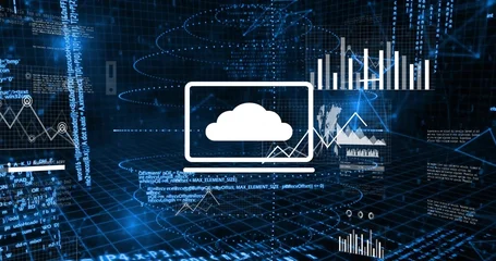 Fotobehang Buffet Floating white cloud icon inside laptop outline over glowing 3D grid, showing bar charts and code  © vectorfusionart