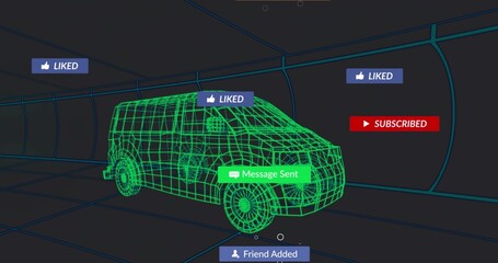Fototapeta premium Displaying neon-green wireframe van driving in virtual tunnel with teal grid, showing LIKED badges