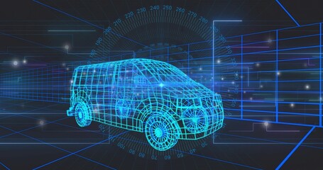 Fototapeta premium Rendering cyan blue wireframe van model rotating in virtual CAD environment, showing HUD overlays
