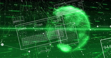 Fototapeta premium Pulsing luminous particle globe sending data in digital cyberspace, with HUD panels and key matrix