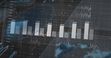 Showing centered translucent vertical data bars on dashboard, with blue trend line and ECG traces © vectorfusionart