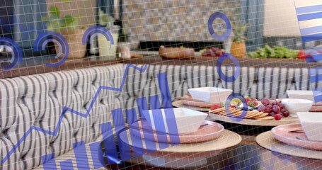 Displaying dining table, woven placemats, plates, wooden board with grapes, AR overlay in kitchen