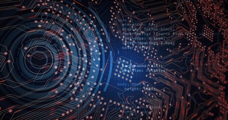 Obraz premium Showing PCB circuit pattern glowing in cyber schematic, with concentric rings, pads and code