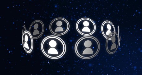 Fototapeta premium Floating ring of user avatar icons moving across dark blue background, glowing rings and particles