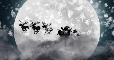 Soaring Santa silhouette in coat, guiding four reindeer pulling sleigh across full moon, snowflakes