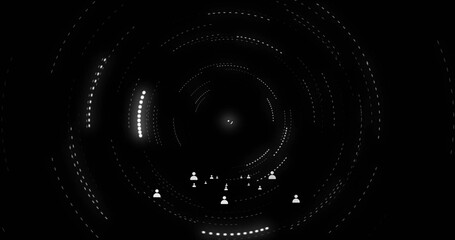 Fototapeta premium Rotating dark vortex showing concentric dotted rings with central glow in abstract tunnel, avatars