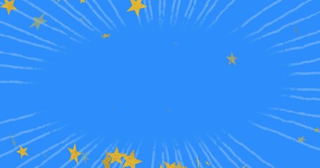 Fototapeta premium Showing center blue oval radiating light-blue rays in festive banner with golden five-pointed stars