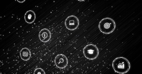 Glowing glyph icons drifting across stylized digital field, featuring laptop-to-lightbulb symbols