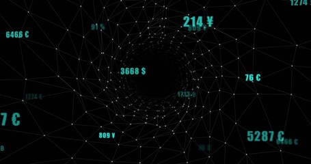 Fototapeta premium Displaying central wireframe tunnel receding into black void in virtual data, with currency labels