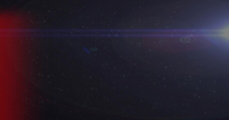 Fototapeta premium Emitting stellar flare, right source casting blue streaks across stars, red leak, copy space