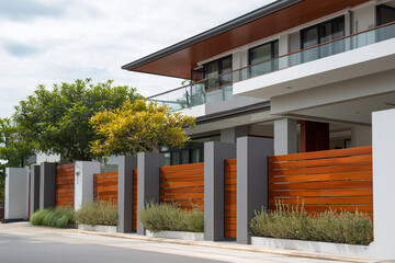 Fototapeta premium Modern home fence design with a combination of metal and wood materials.