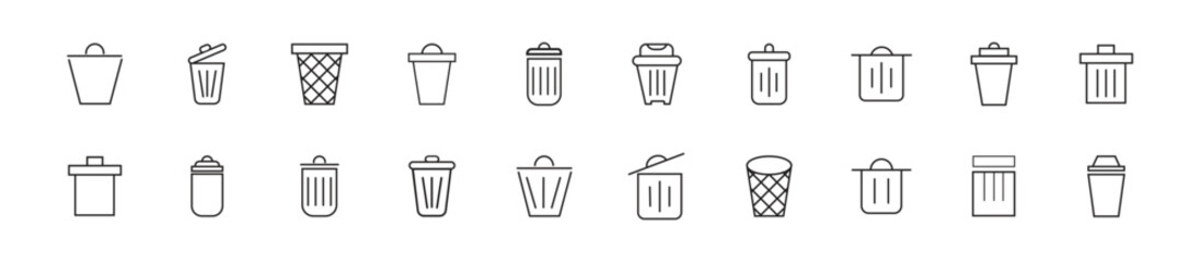 Minimal Trash and Waste Bin Icons Set &ndash; 19 Unique Outline Garbage and Recycling Bin Vector Symbols for UI Design, Mobile Apps, Environmental Branding, Infographics, Web and Print Project.