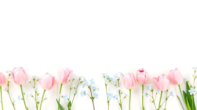 Pink Tulips and Blue Flowers Border on White Background