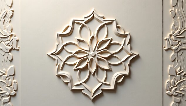 Intricate White Floral Mandala Design on a Neutral Background.