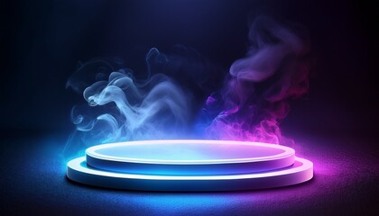 Circular Podium With Neon Light And Billowing Smoke