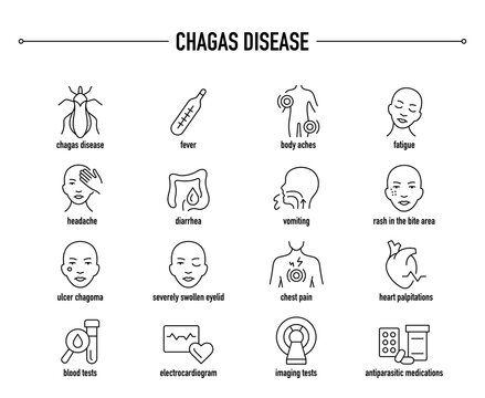 Chagas Disease symptoms, diagnostic and treatment vector icon set