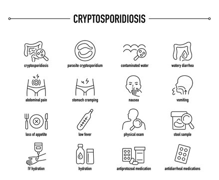 Cryptosporidiosis symptoms, diagnostic and treatment vector icon set