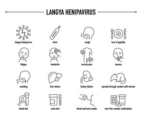 Fototapeta premium Langya Henipavirus symptoms, diagnostic and treatment vector icon set