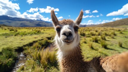Fototapeta premium Happy Llama Smiling in Beautiful Grassland During Sunny Day Closeup Selfie