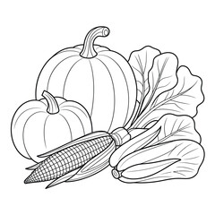 A still life drawing depicts pumpkins cabbage and corn on the cob © firoj