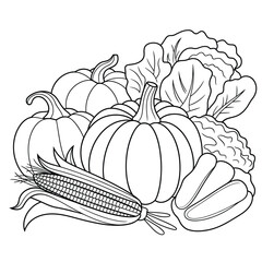 A bountiful harvest illustration featuring pumpkins cabbage corn and squash © firoj