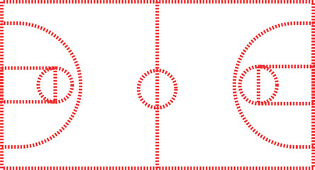 Simple dashed red line drawing illustrates a standard basketball court layout