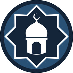 blue mosque emblem illustration with crescent moon and star in islamic architecture design