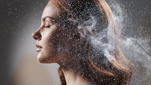 Profile of a young woman's head dissolving into particles, representing burnout, mental health issues, stress, information overload from technology, and the overwhelming chaos of the digital world