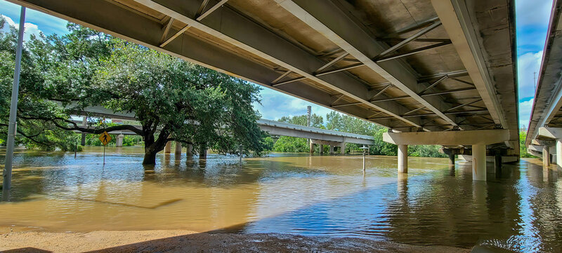 Buffalo Bayou Park, Houston flooded after Hurricane Beryl