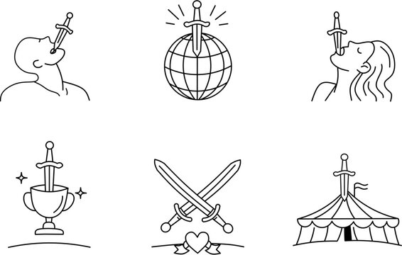 Sword swallower circus icons set. Minimalist line art for World Sword Swallowers Day